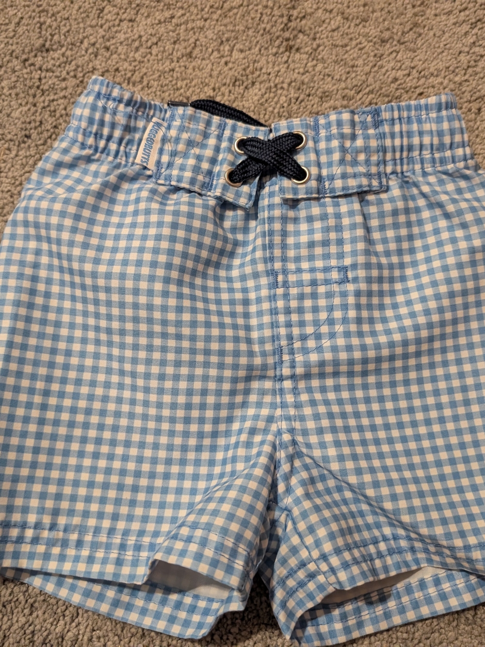Light Blue Gingham Swim Shorts. Size 6-12 Months